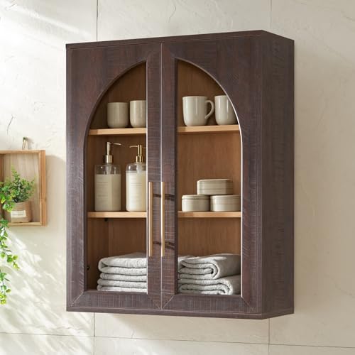 Bathroom Wall Cabinet, 23.5×31.4'' Storage Cabinet, Arched Cabinet Wall Mount with Adjustable Shelf & Glass Doors, Medicine Cabinet for Laundry Room, Bathroom, Kitchen, Living Room, Brown/Natural oak - color: Brown/Natural