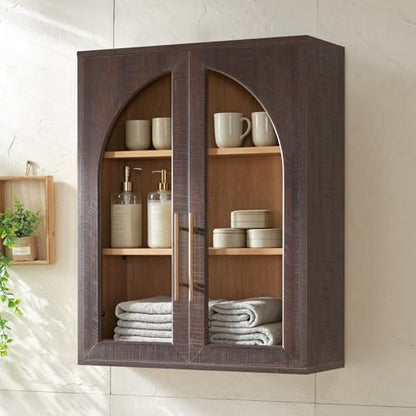 Bathroom Wall Cabinet, 23.5×31.4'' Storage Cabinet, Arched Cabinet Wall Mount with Adjustable Shelf & Glass Doors, Medicine Cabinet for Laundry Room, Bathroom, Kitchen, Living Room, Brown/Natural oak - color: Brown/Natural