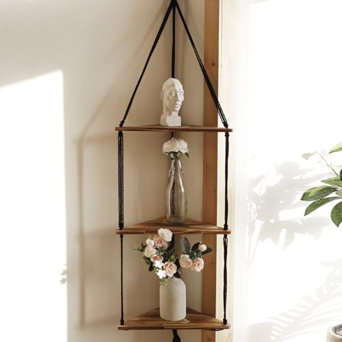 Artilady Corner Shelf Macrame Wall Hanging, 3 Tier Black Boho Storage Decor | Adjust Wood Floating Shelves, Farmhouse Rustic Plant Crystal Candle Holder, Bedroom Bathroom Apartment Display Wall Decor - color: Black - 3 Tier