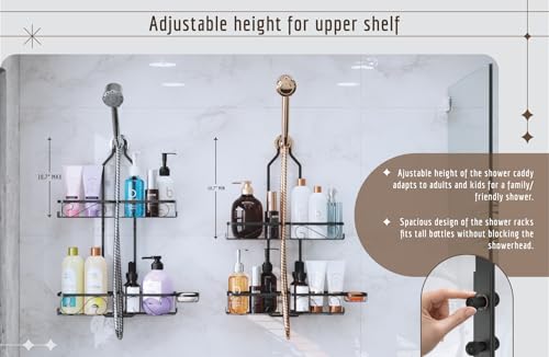Adjustable Shower Caddy Hanging Rustproof Shower Caddy for Handheld Showerheads, Shower Organizer with Hooks Soap Holder Toothbrush Holder, Anti-Swing Shower Rack Bathroom Accessories, Black (Black)