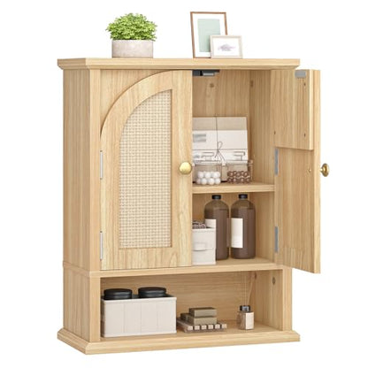 HOOBRO Arched Rattan Wall Cabinet for Bathroom, Over Toilet Storage Cabinet with Doors and Open Shelf, Farmhouse Medicine Cabinet with Adjustable Shelf for Bathroom Kitchen, Natural