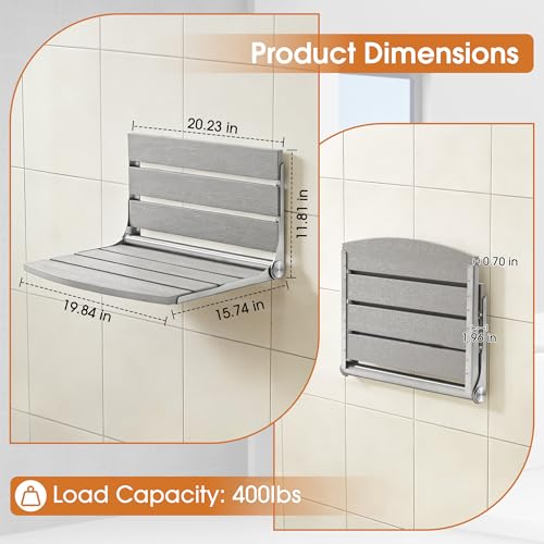 20" Folding Shower Seat, Fold Down Shower Seat Wall Mounted, Stainless Steel Frame with HDPS Seat, 400 lb Load Capacity, Folding Shower Bench for Seniors & Elderly (Gray) - color: Gray