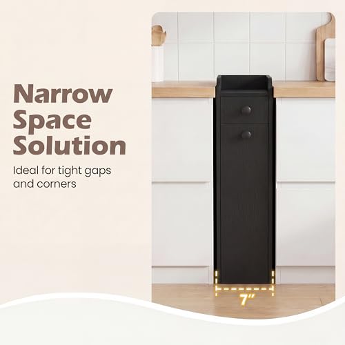 COSTWAY Slim Bathroom Cabinet, Freestanding Narrow Organizer, Black | 7" Wide Space-Saving Storage with 2-Tier Slide-Out Drawer, Shelf & Toilet Paper Holder, for Bathroom, Laundry & Small Spaces - color: Black