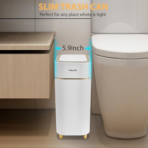 Pukomc Automatic Small Sensor Trash Can with Touchless Lid | 2.3 Gallon / 9L Smart Garbage Can, Quiet Close White Gold Waste Bin - Perfect for Kitchen, Living Room & Small Spaces - color: White