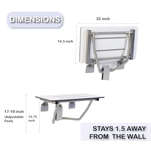 Folding Shower Chair for Elderly and Disabled | ADA Folding Shower Seat Wall Mounted Holds up to 400 lbs | Phenolic Resin Shower Chair for Inside Shower 304 Stainless Steel | 32”x16” - size: 32 x 16