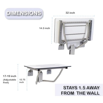 Folding Shower Chair for Elderly and Disabled | ADA Folding Shower Seat Wall Mounted Holds up to 400 lbs | Phenolic Resin Shower Chair for Inside Shower 304 Stainless Steel | 32”x16” - size: 32 x 16