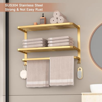 23 Inch 3-Tier Gold Towel Racks for Bathroom with Towel Bars Multilayer Hotel Towel Shelf Stainless Steel Wall-Mounted Brushed Finish Holder with Towel Shelves - color: Gold 3t