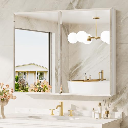 40 x 32 Medicine Cabinet Mirror for Bathroom, Assembly Required, Recessed Medicine Cabinet with Mirror, Aluminum Frame, DTC Hinge, Stepless Adjustable Shelves - color: White, size: 40x32 in