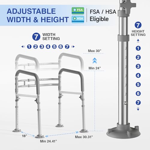 Foldable Toilet Safety Rails for Seniors, Height & Width Adjustable | Safety Frame & Toilet Handles for Elderly & Disabled, Fits Most Toilets, 350lb Capacity, Gray - color: Gray