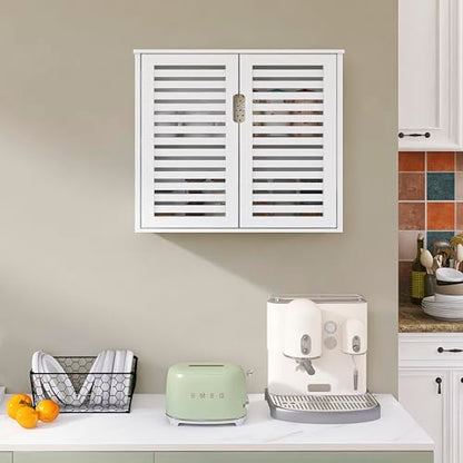 HITNET White Bathroom Cabinet Over Toilet, Bamboo Hanging Medicine Cabinet, Wall-Mounted Storage Organizer, Kitchen Cupboard with Double Doors and Adjustable Shelf - color: White