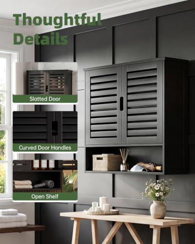 SMIBUY Bathroom Cabinet Wall Mounted, Bamboo Over-The-Toilet Storage Organizer, Space Saver Medicine Cabinet with 2 Door and Adjustable Shelves (Black) - color: Black