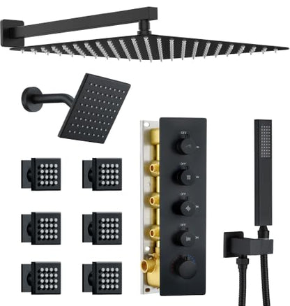 Dasan Thermostatic Dual Shower System with 6 Body Jets, 6-Inch Shower & 16” Rainfall Shower, Luxury Matte Black Shower Faucet Set Rain Shower System for Couples/ 2-Person - color: Matte Black