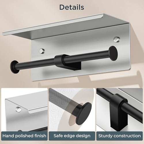 FORIOUS Toilet Paper Holder with Shelf, Commercial Toilet Paper Dispensers | Stainless Steel & Black | Wall Mount Bathroom Tissue Holder | SUS304 Stainless Steel Rustproof | Double Tissue Roll Holder - color: Stainless Steel & Matte Black