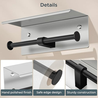FORIOUS Toilet Paper Holder with Shelf, Commercial Toilet Paper Dispensers | Stainless Steel & Black | Wall Mount Bathroom Tissue Holder | SUS304 Stainless Steel Rustproof | Double Tissue Roll Holder - color: Stainless Steel & Matte Black