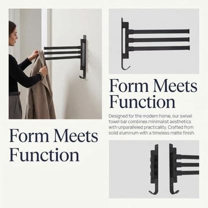 Black Aluminum Swivel Towel Bar, Wall Mounted 180 Degree Rotating Multi-Arm Towel Rack with Bottom Hook for Bathroom Kitchen(3-Arm) - size: 3-Arm