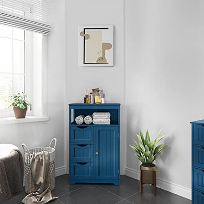 Topeakmart Free Standing Wood Bathroom Floor Cabinet, Navy Blue | Storage Cabinet with 3 Drawers and Cupboard, for Hallway/Entryway/Living Room Accent Furniture - color: Navy Blue