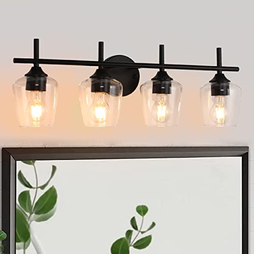 foucasal 4-Light Bathroom Light Fixtures, Matte Black Vanity Lights | Win Glass Clear Shade, Modern Wall Lights for Bathroom Mirror Kitchen Living Room Hallway Cabinet Porch - color: Black & Clear E26, size: 4-light