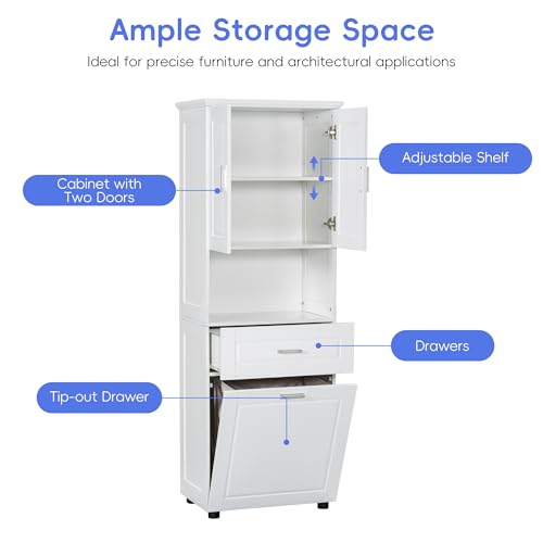 JIVOIT 70" H Tall Bathroom Cabinet with Laundry Basket, Double Storage Cabinets with Doors and Open Space, Tilt-Out Laundry Hamper and Upper Storage - color: White * 102