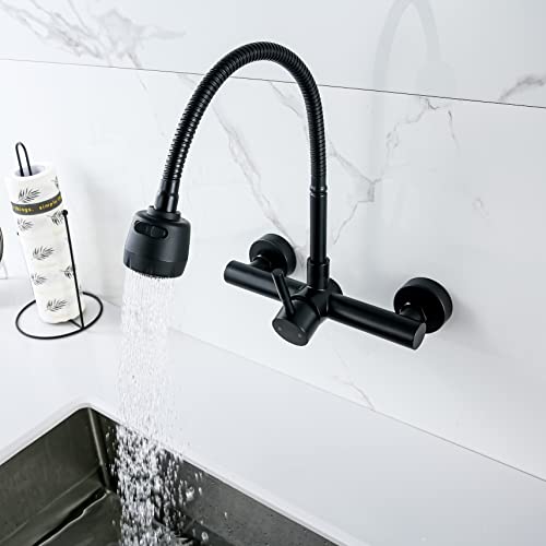 Wall Mount Faucet 8"" Center, Black Sink Mixer Tap, Laundry Utility Faucets | 304 Stainless Steel Constructed, Rotatable, 2-Function Sprayer ,Flexible Hose - color: Black