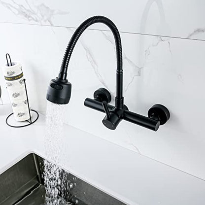 Wall Mount Faucet 8"" Center, Black Sink Mixer Tap, Laundry Utility Faucets | 304 Stainless Steel Constructed, Rotatable, 2-Function Sprayer ,Flexible Hose - color: Black
