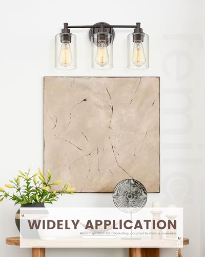 FEMILA 3-Light Vanity Light,Farmhouse Bathroom Light Fixtures,Metal Wall Sconce with Clear Glass Shade,Oil Rubbed Bronze Finish,4FYC56B-3W ORB - color: Oil-Rubbed Bronze, size: 17.3"