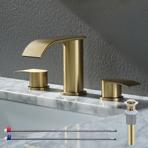 Ultimate Unicorn 8 inch Bathroom Faucet Brushed Gold, Waterfall Bathroom Faucet with Metal Pop-up Sink Drain Stopper and 2 Supply Hoses,2 Handle Widespread Faucets for Vanity Sink 3 Holes | Bathroom Faucet with Metal Pop-up Sink Drain Stopper and 2 Supply