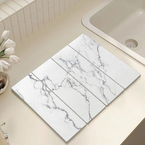 Large Stone Drying Mat for Kitchen Counter, 24"x16" Collapsible Quick Dry Dish Drying Mat, Water-Absorbent Marble Diatomaceous Earth Mats for Bottles Cups Dishes, Match Any Countertop - color: 4-fold White