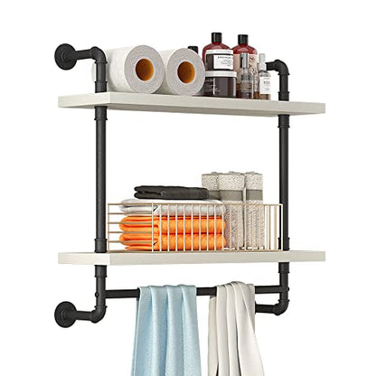 Helsin 24inch Industrial Pipe Shelving Bathroom Shelves Wall Mounted with Towel bar, 2 Tier Rustic Wood Floating Shelf, Metal Towel Rack Wall Shelf for Home & Bathroom (White, 24inch) - color: White, size: 24inch