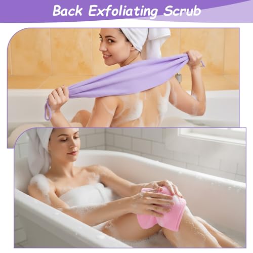 Exfoliating Washcloth with Handles, 3Pcs Back Exfoliator Body Scrub Towel | Easy to Foam, Double-Sided, Stretchable Back Washer for Shower for Women Men(Green, Pink, Purple)