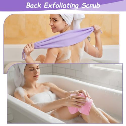 Exfoliating Washcloth with Handles, 3Pcs Back Exfoliator Body Scrub Towel | Easy to Foam, Double-Sided, Stretchable Back Washer for Shower for Women Men(Green, Pink, Purple)