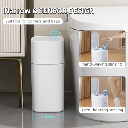 JUDRDO 3.5 Gal Slim Touchless Bathroom Trash Can, Automatic Diaper Pail | Motion sensor opening, automatic liner suction, slim profile for bathrooms, bedrooms, offices, kitchens and nurseries - color: White-n21