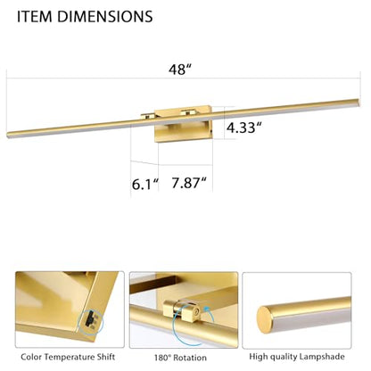 LED Bathroom Vanity Light, Modern Bathroom Light Fixture Over Mirror (3000K/4000K/6000K, Dimmable), Vanity Light Bar with Angle Adjustable, 48 Inch, Brass - color: Brass, size: 48 inch