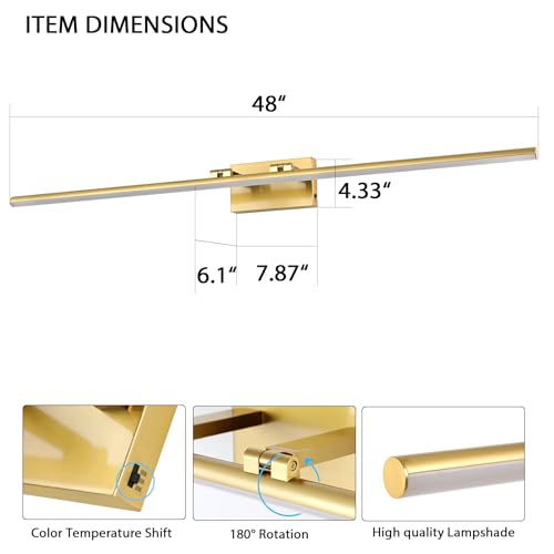 LED Bathroom Vanity Light, Modern Bathroom Light Fixture Over Mirror (3000K/4000K/6000K, Dimmable), Vanity Light Bar with Angle Adjustable, 48 Inch, Brass - color: Brass, size: 48 inch