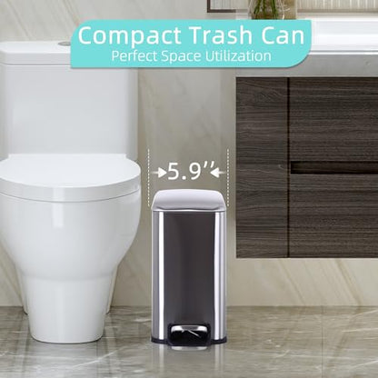 Small Bathroom Trash Can with Lid, 5 Liter/1.3 Gallon Stainless Steel Small Garbage Can with Removable Inner Bucket & Soft-Close Foot Pedal, Slim Trash Can for Bathroom, Bedroom, Office (Silver) - color: Silver, size: 1 Pack