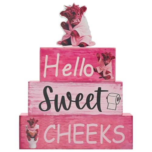 Pink Highland Cow Bathroom Decor 4 Pcs Farmhouse Decor and Accessories Western Hello Sweet Cheeks Table Centerpiece for Home Office