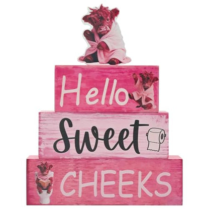 Pink Highland Cow Bathroom Decor 4 Pcs Farmhouse Decor and Accessories Western Hello Sweet Cheeks Table Centerpiece for Home Office