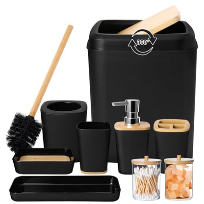 XLHOMO Bathroom Set Black Bathroom Trash Can, 9 Piece Bathroom Decor Toothbrush Holder, Cup, Lotion Dispenser, Tray, Soap Dish, Toilet Brush, Qtip Holder - size: Bath Set, style: Black