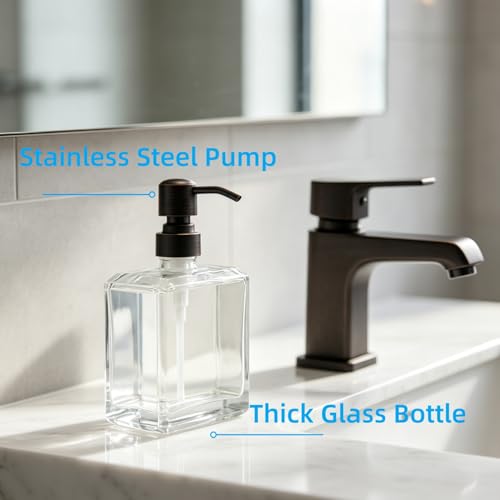 Square Clear Glass Dish Soap Dispenser Oil Rubbed Bronze Pump, Antique Refillable 13.5 oz Hand Soap Lotion Dispenser with Rust Proof Stainless Steel Pump for Bathroom Kitchen - color: Oil Rubbed Bronze, size: 13.5oz-Square