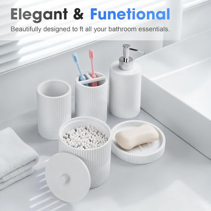 5 Pack Bathroom Accessories Set, White Resin Bathroom Set | Resin Soap Dispenser and Toothbrush Holder Set, Tumbler & Soap Dish, Cotton Swab Jars, Modern Bathroom Decor Sink Sets