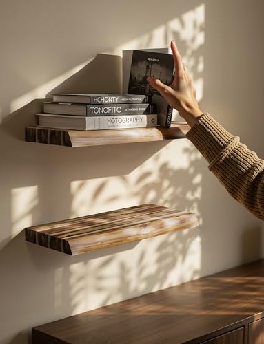 BATODA Acacia Live Edge Floating Shelves, Wall Mounted, 17", Set of 2 Pcs | Assembly Required, Hardware Included, Floating Style, Hidden Bracket, Fit Small Spaces, 100LBS Capacity Each, Rustic Style - color: Natural, size: 17 Inch Length