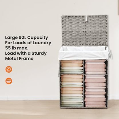 DUMOS Woven Laundry Basket with Lid, 90L Large Capacity Hamper, Removable & Machine-Washable Liner, Foldable Rattan Clothes Hamper, Sturdy Steel Frame, Odor Control, Dove Gray - color: Dove Gray, size: 90L