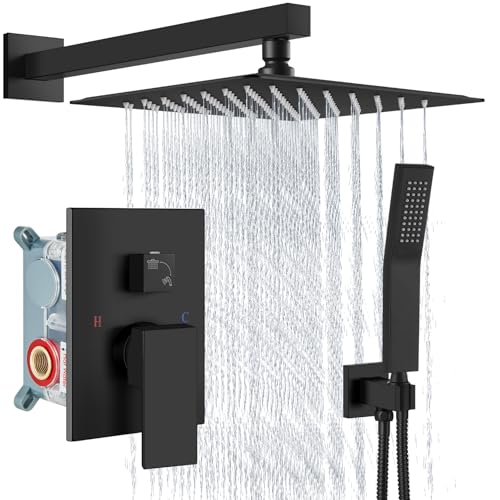 Aolemi Shower Faucet Set with Handheld Matte Black 12 Inch Head | Pressure Balance Shower Valve and Trim Kit,SUS304 Rain Head and Handle System,All Metal,Wall Mount,Bathroom,Handheld Spray - color: Black, size: 12 Inch Wall Mount Shower Head