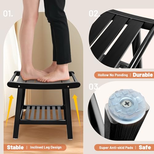 Bamboo Shower Stool Bench,Shower Chair for Inside Shower with Storage Shelf | Black,Large Storage,Ergonomic Curved Design,A-Shaped Stable Construction,Non-Slip Rubber Feet,Hold 300lbs - color: Black