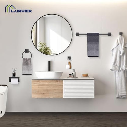 Lairuier Bathroom Hardware Set Matte Black, Towel Holder Set Wall Mounted | Bathroom Accessories Set, SUS304 Stainless Steel 23.6" Towel Bar, Toilet Paper Holder with Shelf, Towel Ring and Towel Hooks - color: Black, size: 5 Pieces - With Shelf