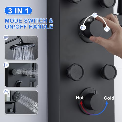 PF Shower Panel Tower Adjustable Shower Arm Height Rainfall Head System | Stainless Steel Shower Panel with Shelf and 6 Body Massage Jets Bathroom Black Shower Column Panels 5-Mode Handheld Shower - color: 6 Jets with Shelf-Black
