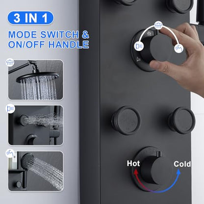 PF Shower Panel Tower Adjustable Shower Arm Height Rainfall Head System | Stainless Steel Shower Panel with Shelf and 6 Body Massage Jets Bathroom Black Shower Column Panels 5-Mode Handheld Shower - color: 6 Jets with Shelf-Black