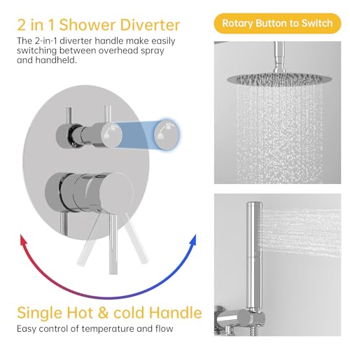 BESy Shower System with 10 Inch Round Rain Shower Head and Handheld Wall Mounted, High Pressure Rainfall Shower Faucet Fixture Combo Set with 2 in 1 Handheld Showerhead for Bathroom, Chrome - color: Chrome