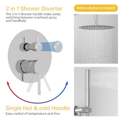 BESy Shower System with 10 Inch Round Rain Shower Head and Handheld Wall Mounted, High Pressure Rainfall Shower Faucet Fixture Combo Set with 2 in 1 Handheld Showerhead for Bathroom, Chrome - color: Chrome