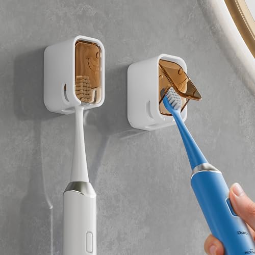 MOPMS Single Slot Toothbrush Holders Wall Mounted with Cover for Bathrooms | 2PCS Toothbrush Cover for Shower, Single Toothbrush Dispenser Storage Organizer for Family & Travel - color: Brown-2pcs