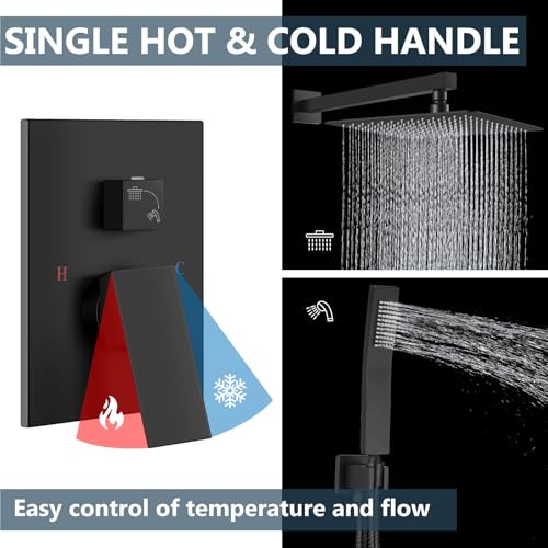 Aolemi Shower Faucet Set with Handheld Matte Black 16 Inch Head | Pressure Balance Shower Valve and Trim Kit,SUS304 Rain Head and Handle System,All Metal,Wall Mount,Bathroom,Handheld Spray - color: Black, size: 16 Inch Wall Mount Shower Head